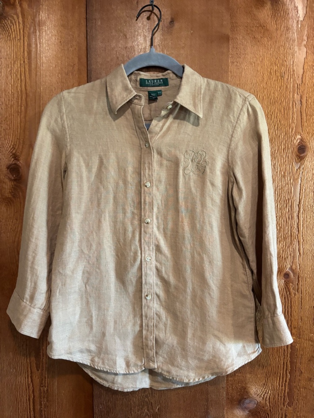 Lauren Ralph Lauren Petite Linen Herringbone Monogram Shirt Tan Beige P/S
